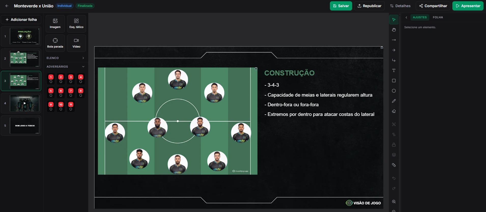 Editor de preleção do Visão de Jogo com folha de construção mostrando o esquema 3-4-3 no campo e recados curtos ao lado
