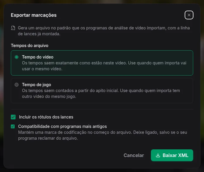Diálogo de exportação do Tagging com a escolha entre tempo do vídeo e tempo de jogo e a opção de incluir os rótulos dos lances